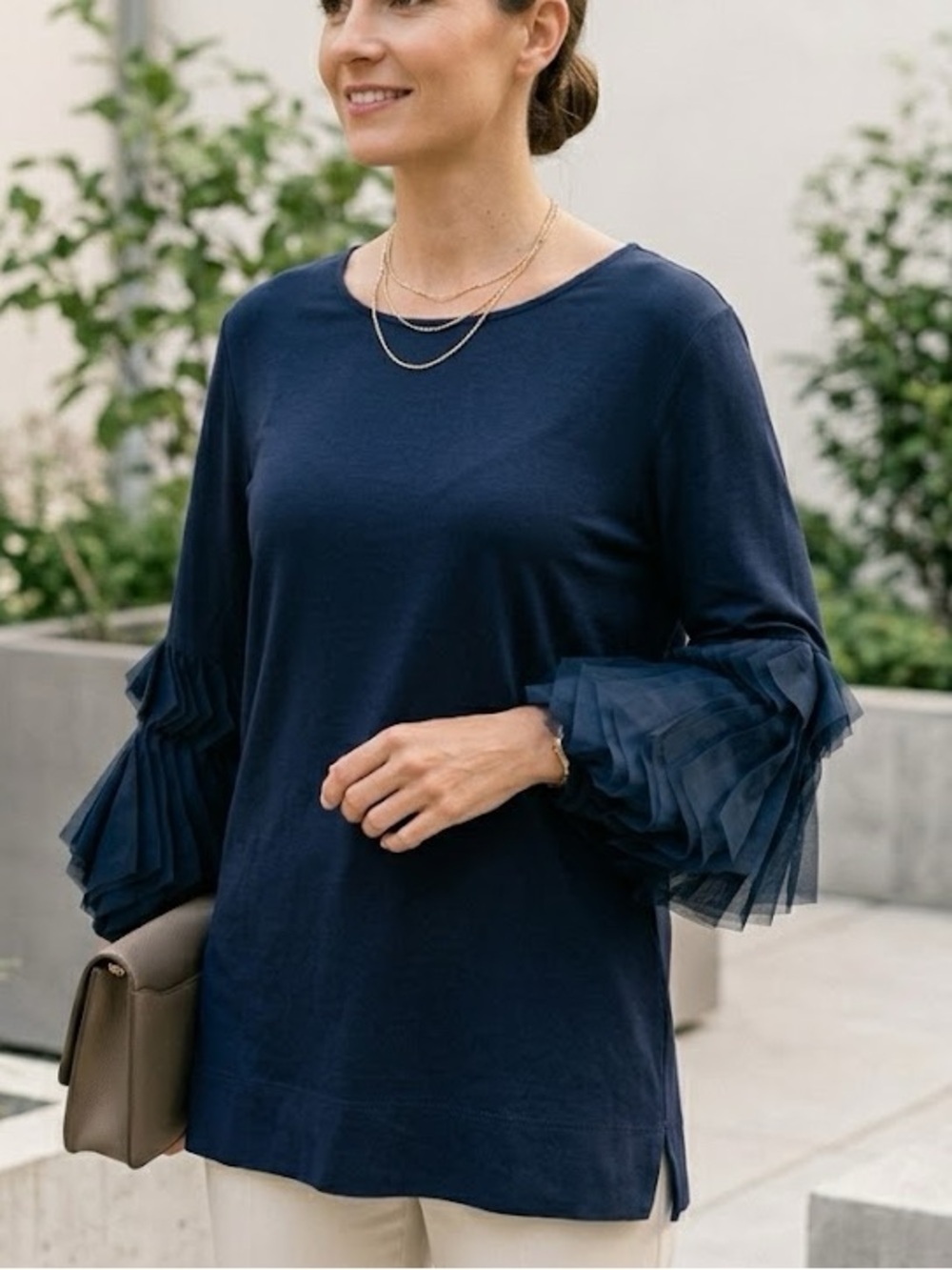 RIANI Navy Blue Statement Sleeve Top Stretch Viscose Jersey Size 12